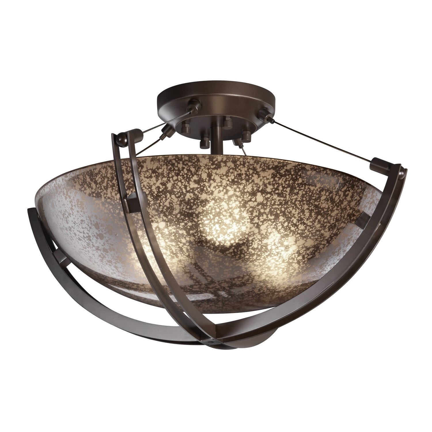 Justice Design Fusion Crossbar 3-light Dark Bronze Round Bowl Semi-flush， Mercury Shade