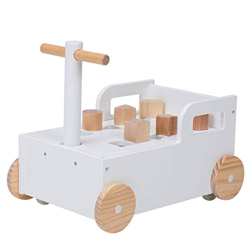 Crown Children 2-in-1 Baby Learning Walker Wooden Strollers with Blocks - Toddler Baby Push Walker Toys with Wheels for Girls Boys 1-3 Years Old, Wagon Toy walkers Sturdy Construction (Building Block)