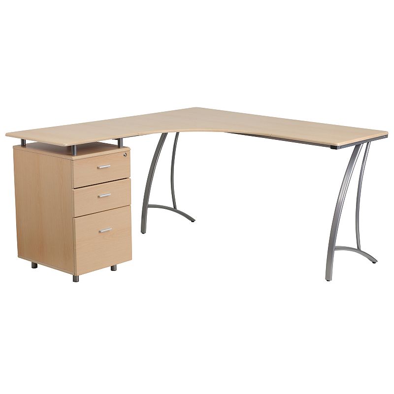 Emma and Oliver Beech Laminate L-Shape Desk with Three Drawer Pedestal