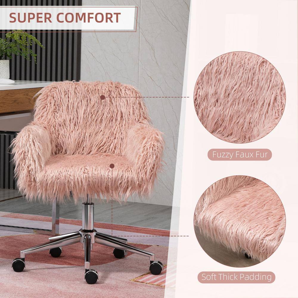 Vinsetto Pink Faux Fur Desk Chair Swivel Vanity Chair with Adjustable Height and Wheels 921-548PK