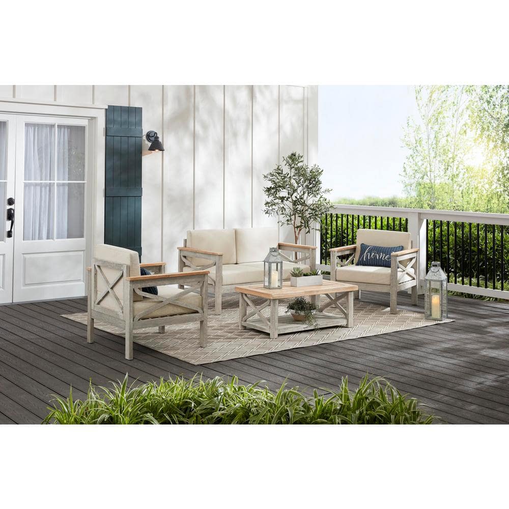 Hampton Bay Coral Crest Weathered Light Teak 4-Piece Wood Patio Conversation Set with Beige Cushions 81986