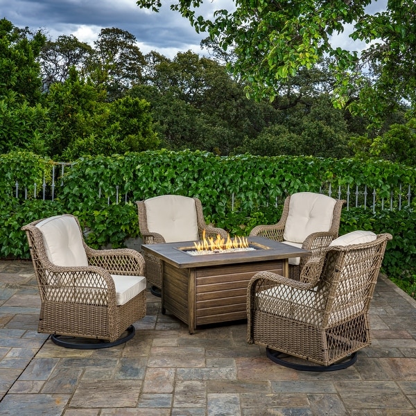 Rio Vista Sandstone Outdoor Wicker Seating Set with Fire Pit Table (5Piece)