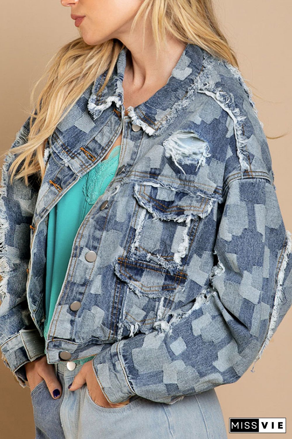 Ripped Tassle Plaid Patchwork Denim Jacket