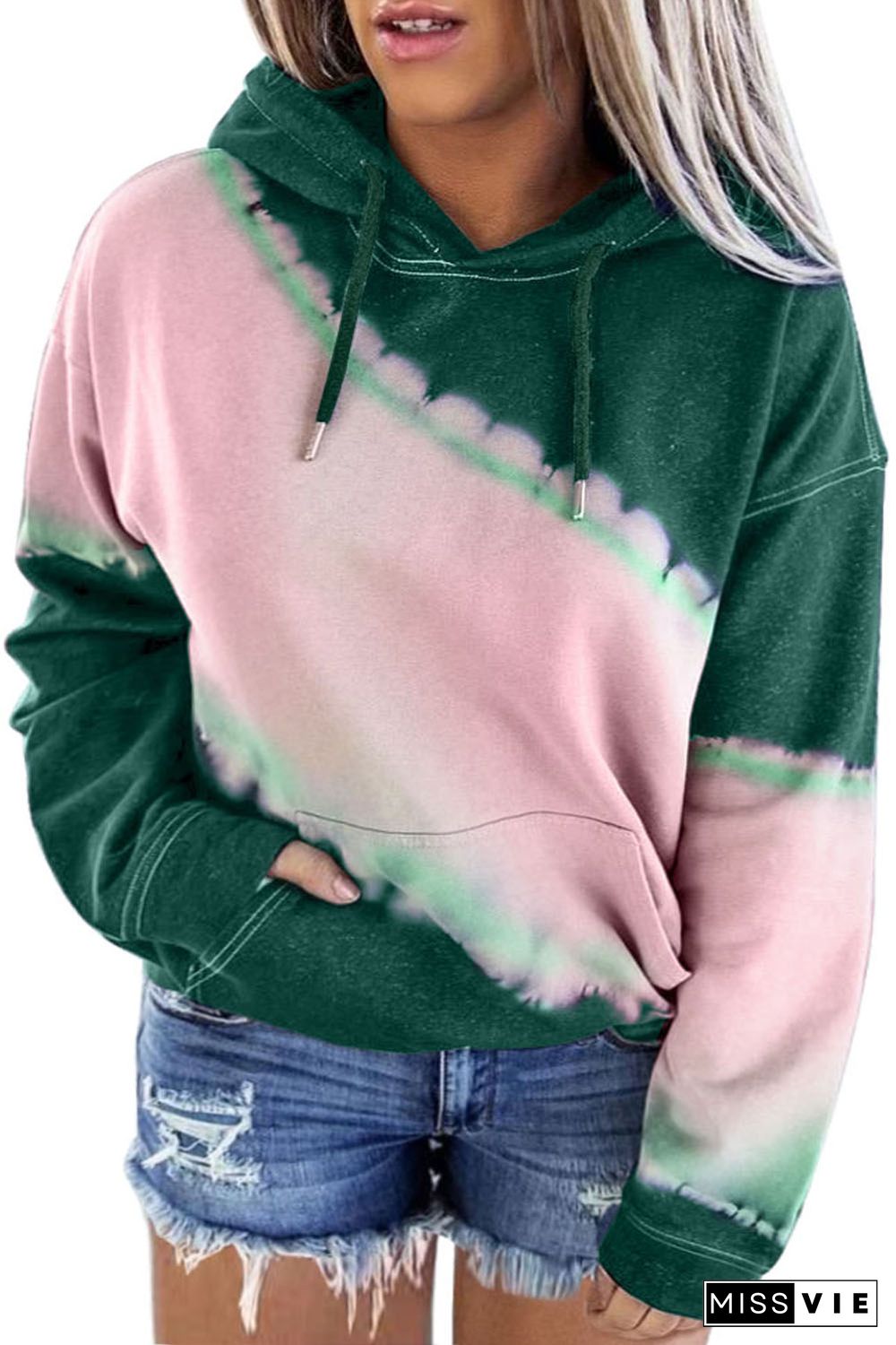 Green Tie Dyed Color Block Plus Size Hoodie