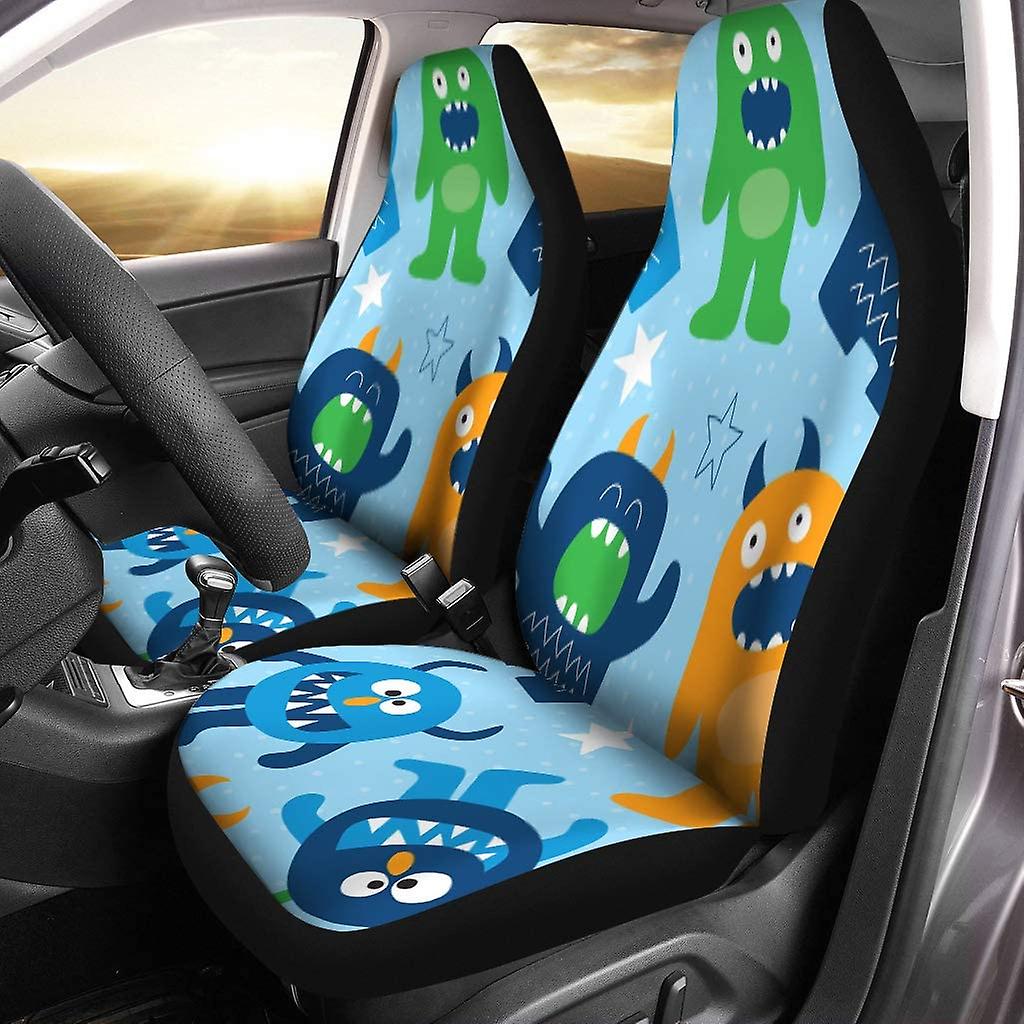 Set Of 2 Car Seat Covers Blue Dinosaur Monster Pattern Colorful Cute Alien Beast Universal Auto Front Seats Protector Fits