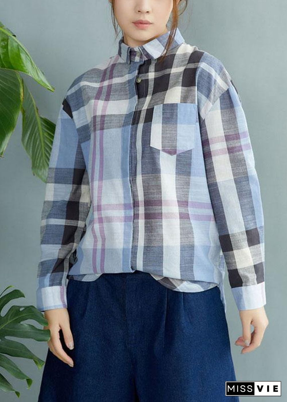 Fine Blue Plaid Print Pockets Button Fall Shirt Long Sleeve