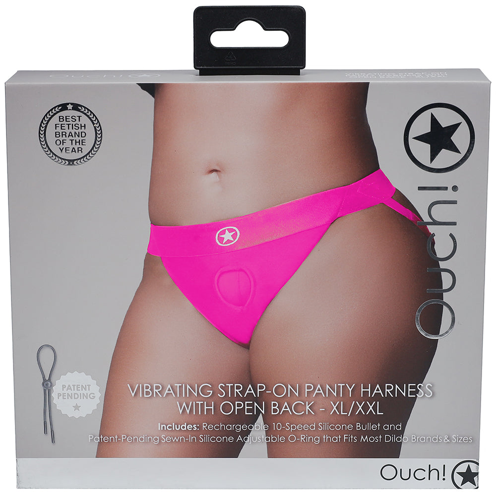 Ouch! Vibrating Pink Open Back Panty Harness in XL/2XL