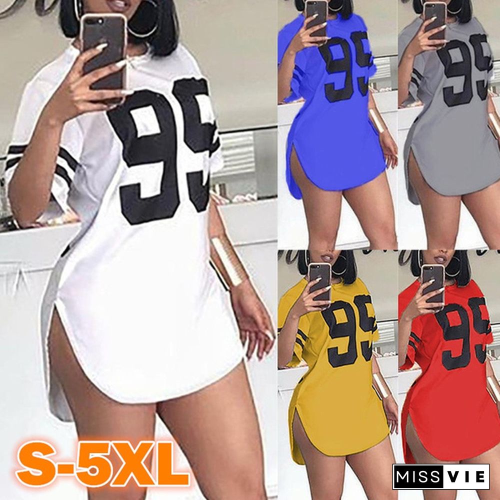 5 Colors Women's Fashion Summer Short Sleeve T Shirt Mini Dress Tee Dress Side Split Basketball Skirt Sport Casual Dress