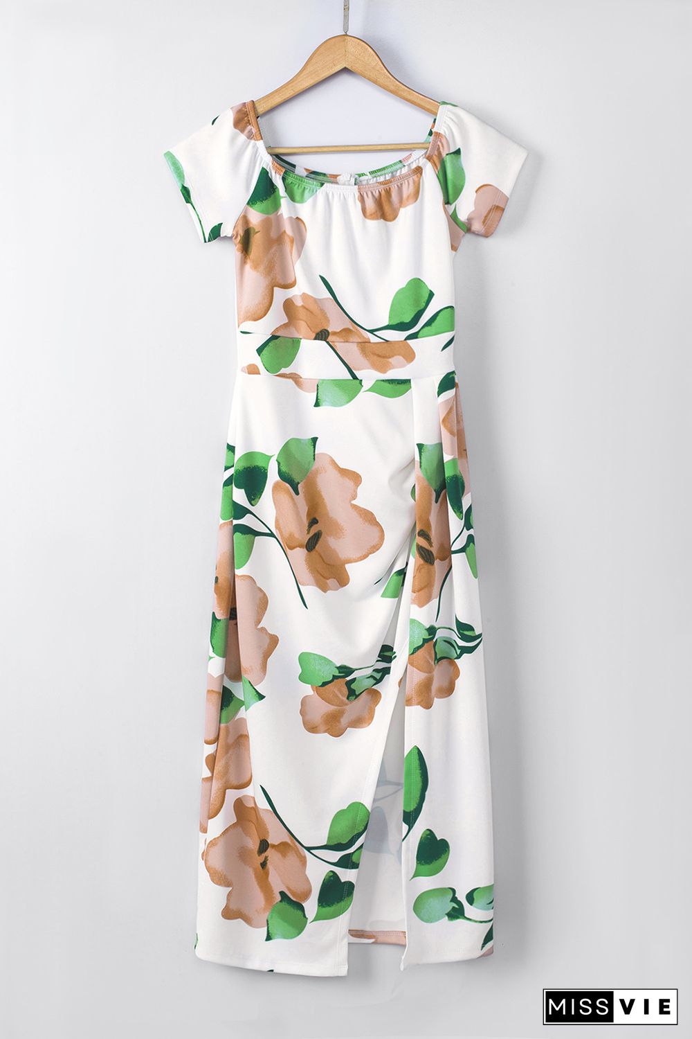 Green Floral Print Off Shoulder Slit Bodycon Midi Dress