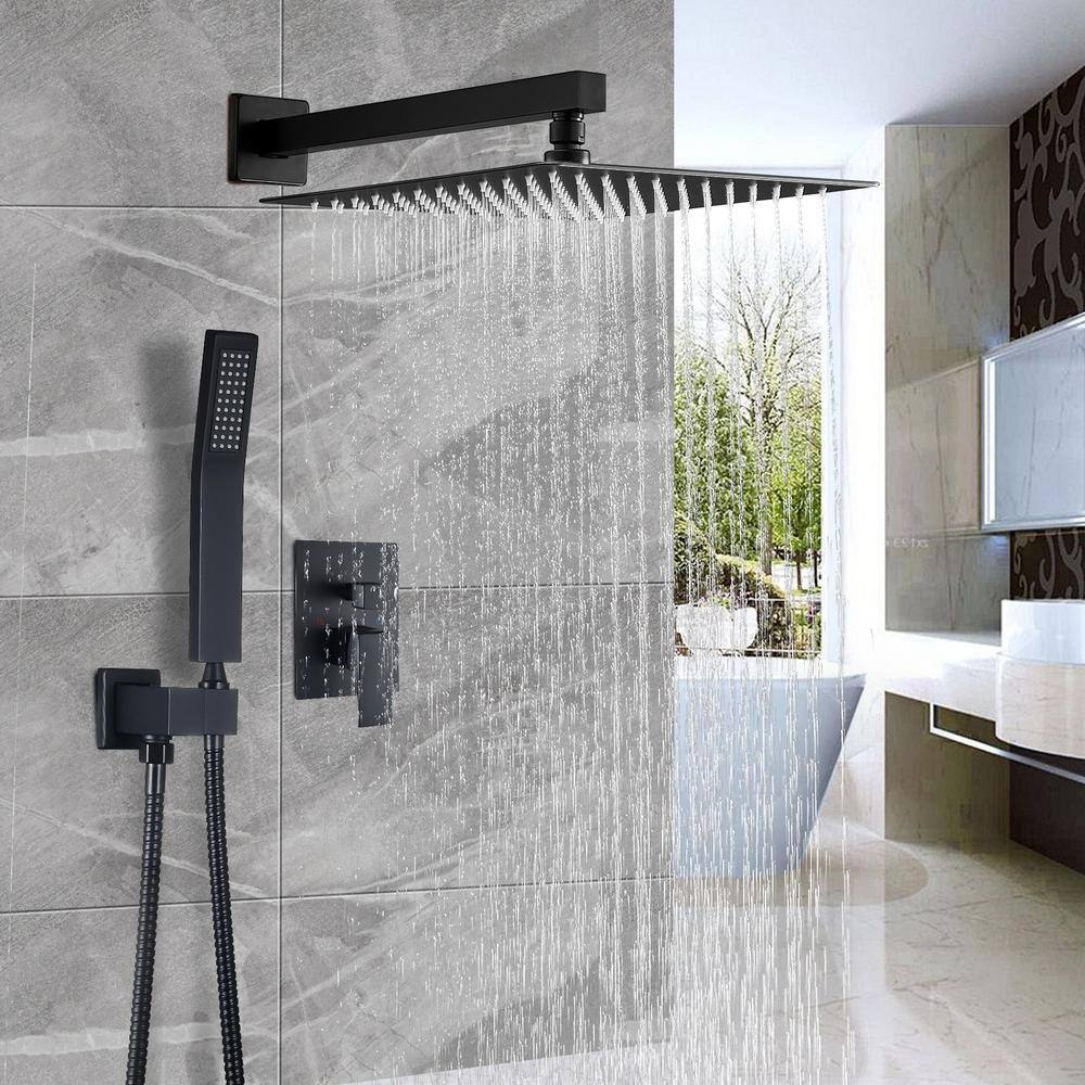 Zalerock Rainfall 1-Spray Square 12 in. Shower System Shower Head with Handheld in Black (Valve Included) KSA013