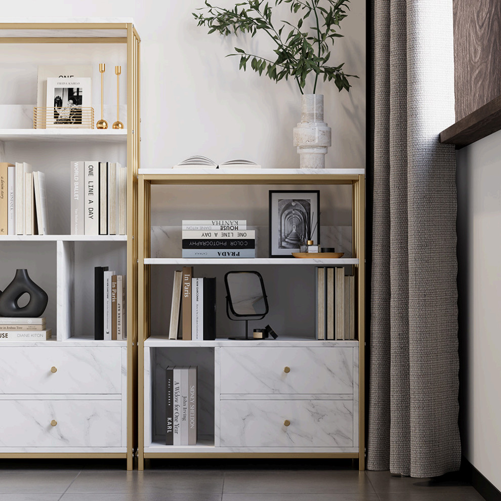 Modern Small Metal Etagere Bookshelf with 2 Drawers in White  ampGold   Contemporary   Bookcases   by Homary International Limited  Houzz