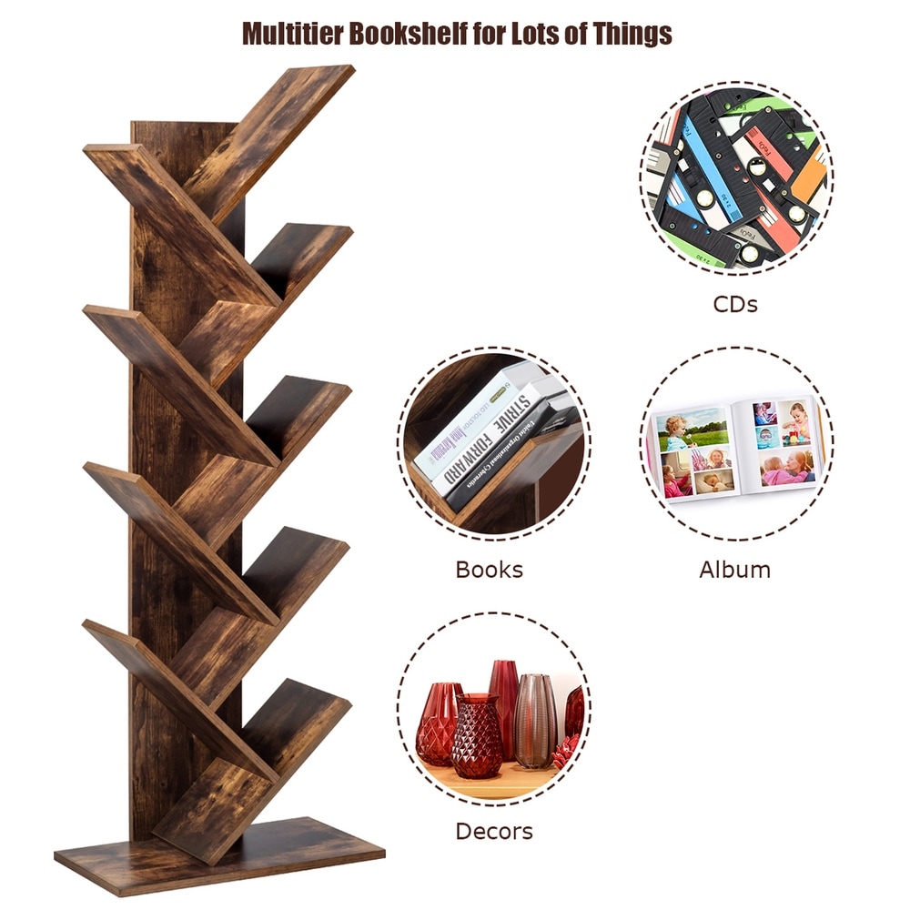 Gymax Tree Bookshelf 8 Tier Bookcase Free Standing Book Rack Display   34'' (L) x 11'' (W) x 37'' (H)