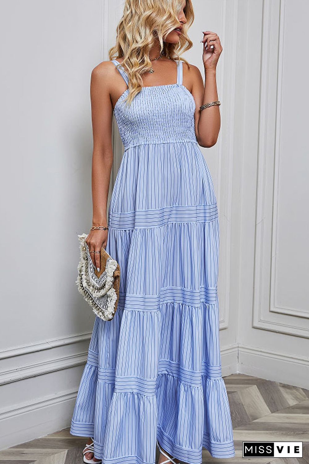 Stripes Splicing Spaghetti Maxi Dress