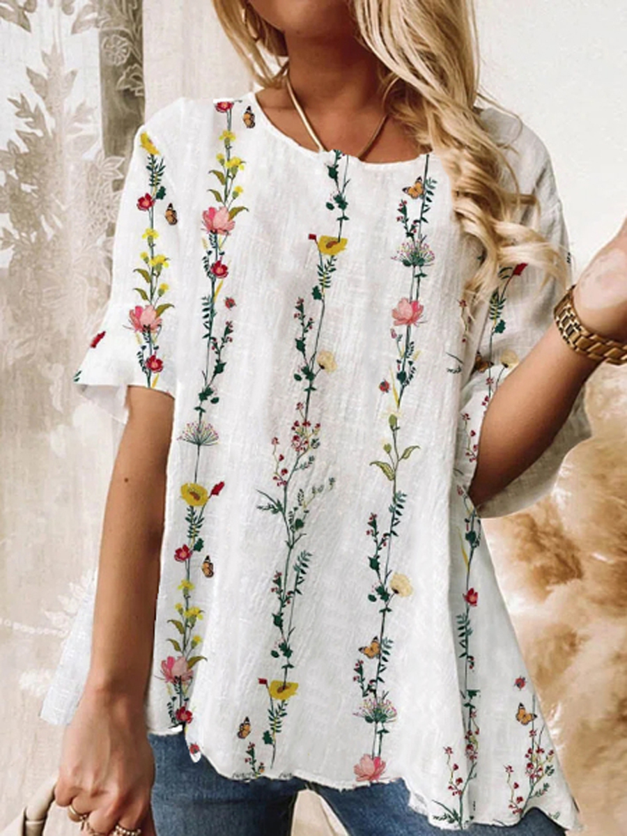 Casual Floral Print Crew Neck Short Sleeve Loose Blouse