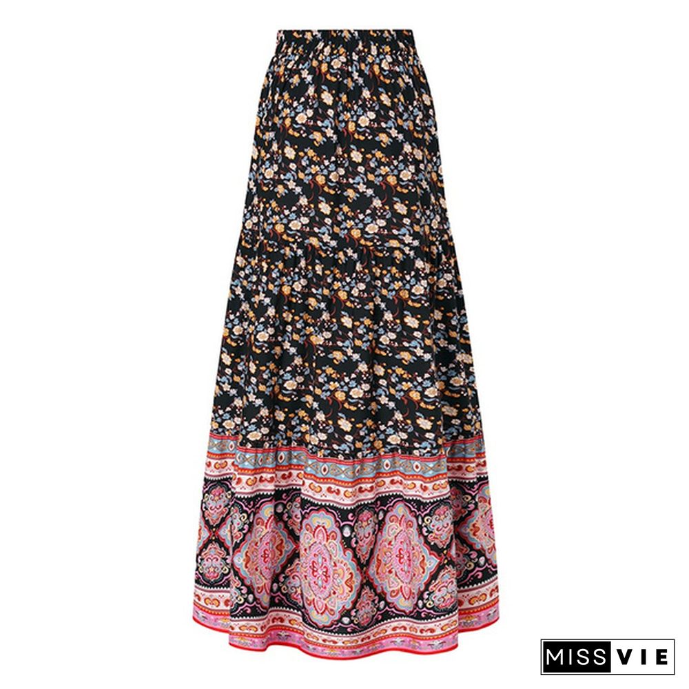 Women Floral Print Long Skirt Bohemian Dress Elastic High Waist Pleated Casual Umbrella Maxi Skirts Plus Size