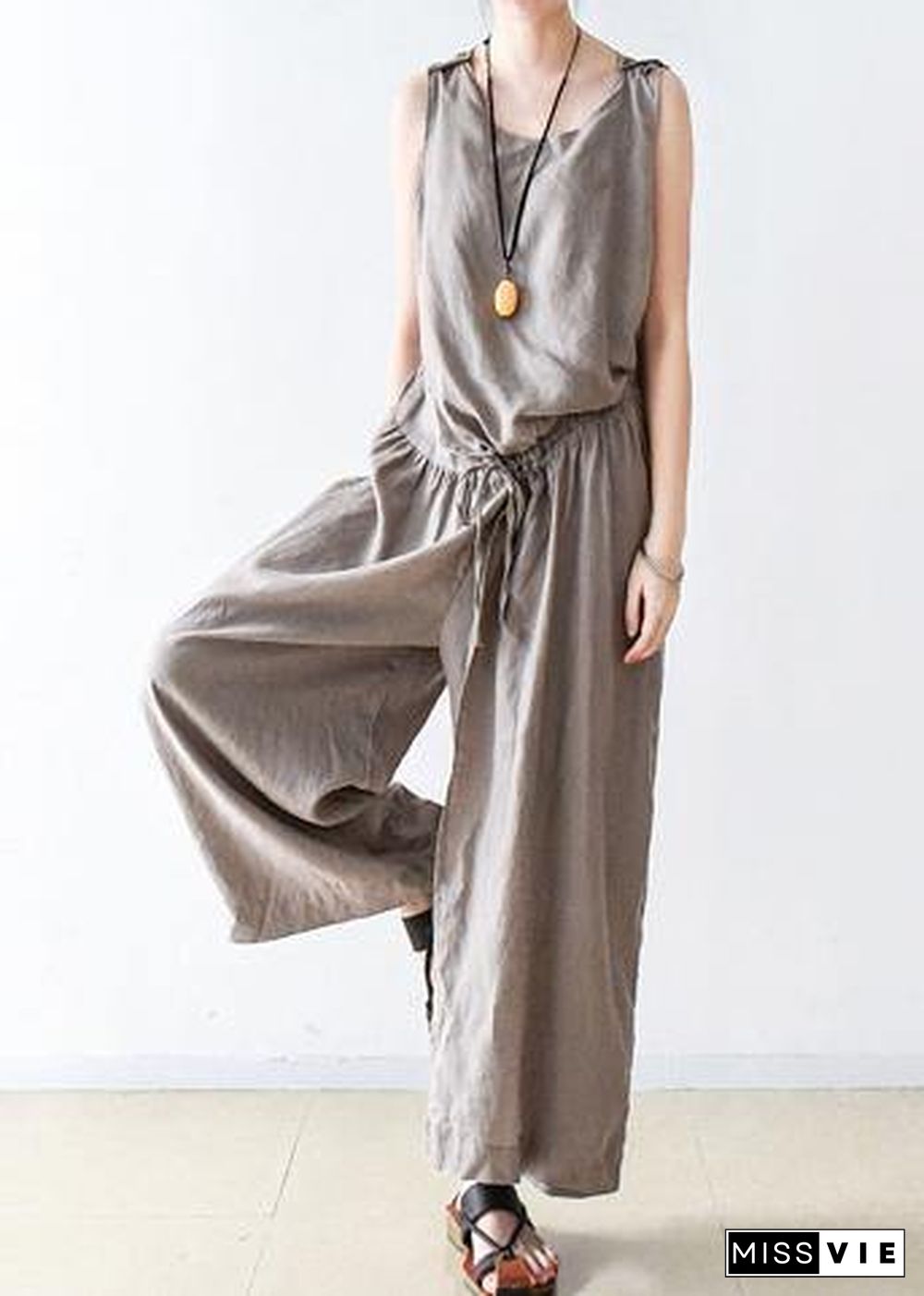 Spring Women Cotton Hemp Loose Wide Leg Jumpsuit Casual Pants