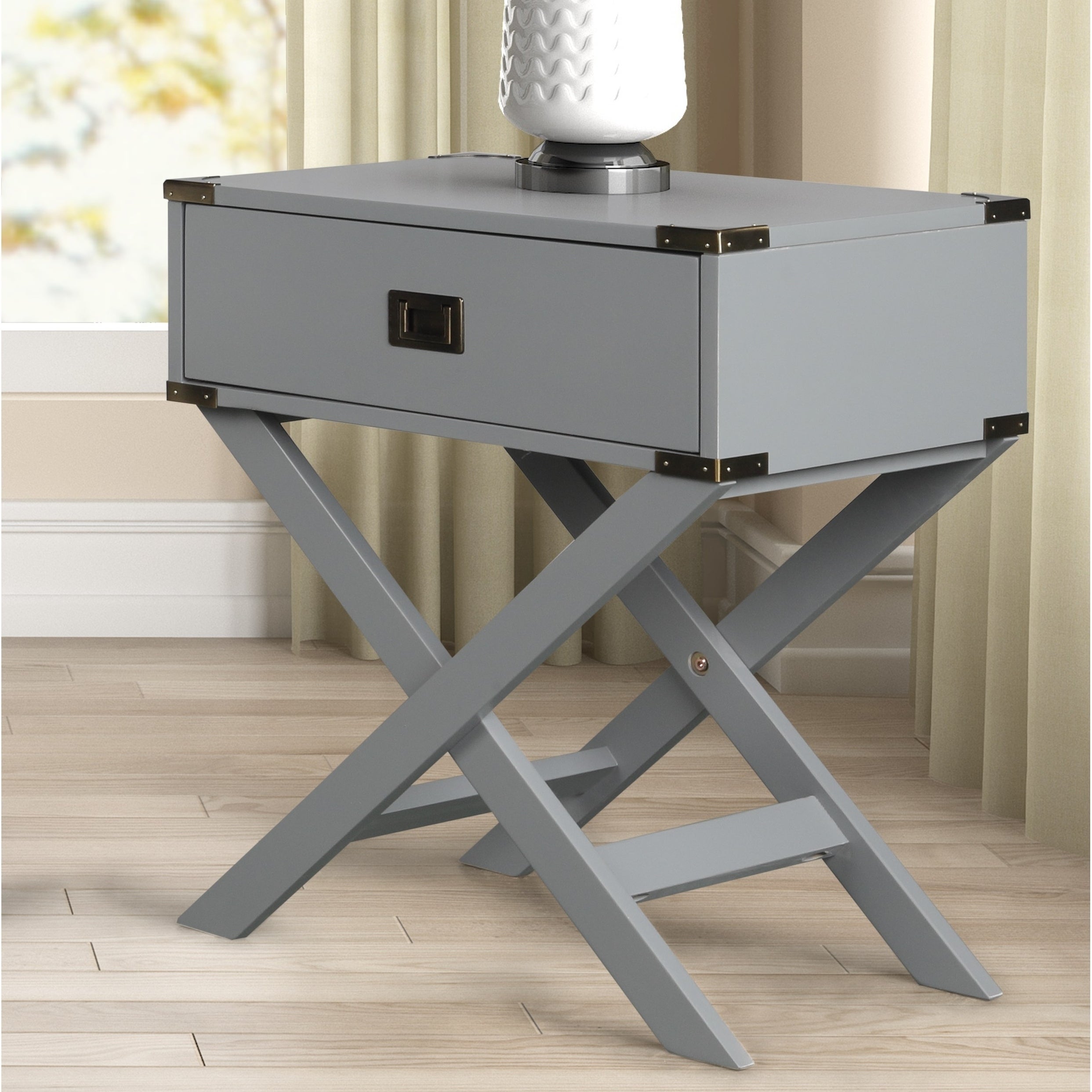 Roundhill Furniture Trava X-Cross Base Wood End Table with Drawer