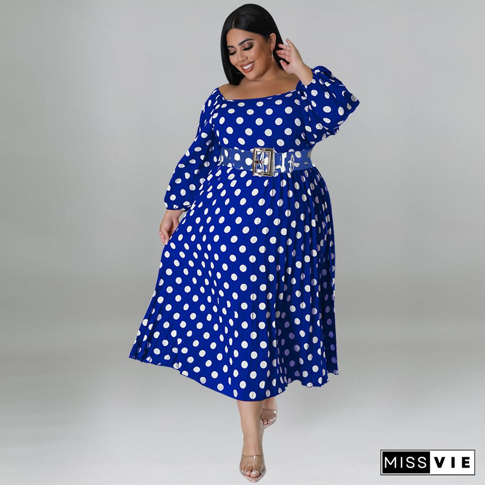 Long Sleeve One-Line Collar Pleated Print Polka Dot Dress (With Belt)