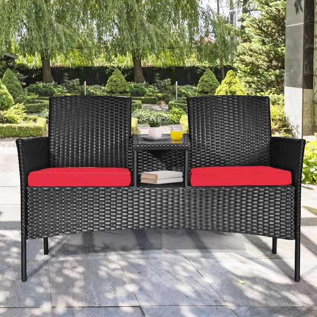 Tangkula Outdoor Rattan Furniture Wicker Patio Conversation Chair W cushion Red