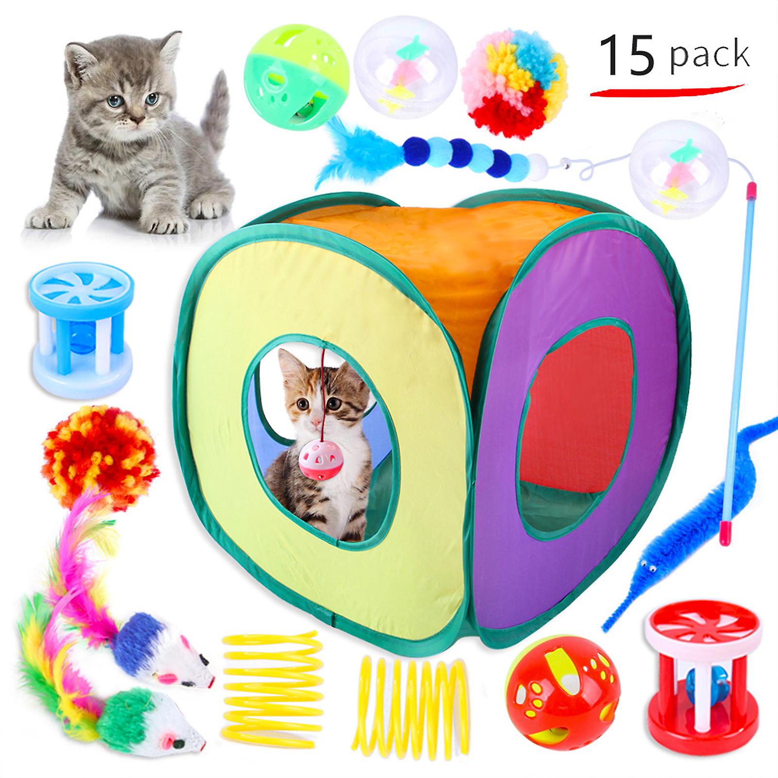 Cat Toys 15pcs Kitten Toys Set Interactive Cat Toys For Indoor Cats With Collapsible Cat Tent Tunnel Interactive Cat Feather Toy Feather Teaser Wand