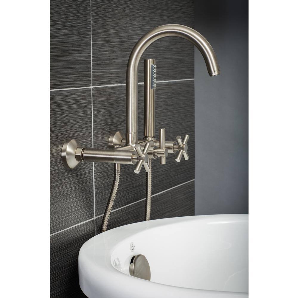 PELHAM  WHITE Modern 3-Handle Wall Mount Tub Faucet with Handshower and Hose Cross Handles in Brushed Nickel PW82411-C-BN