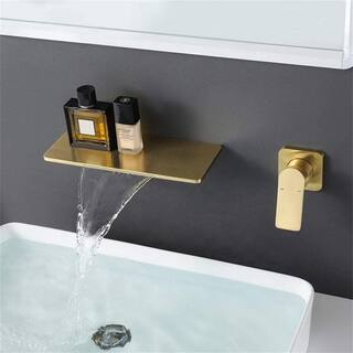 WELLFOR Novelty Single Handle Wall Mounted Faucet in Brushed Gold Storage Shelf Spout Waterfall Faucets (Valve Included) WA-TH9009LSJ