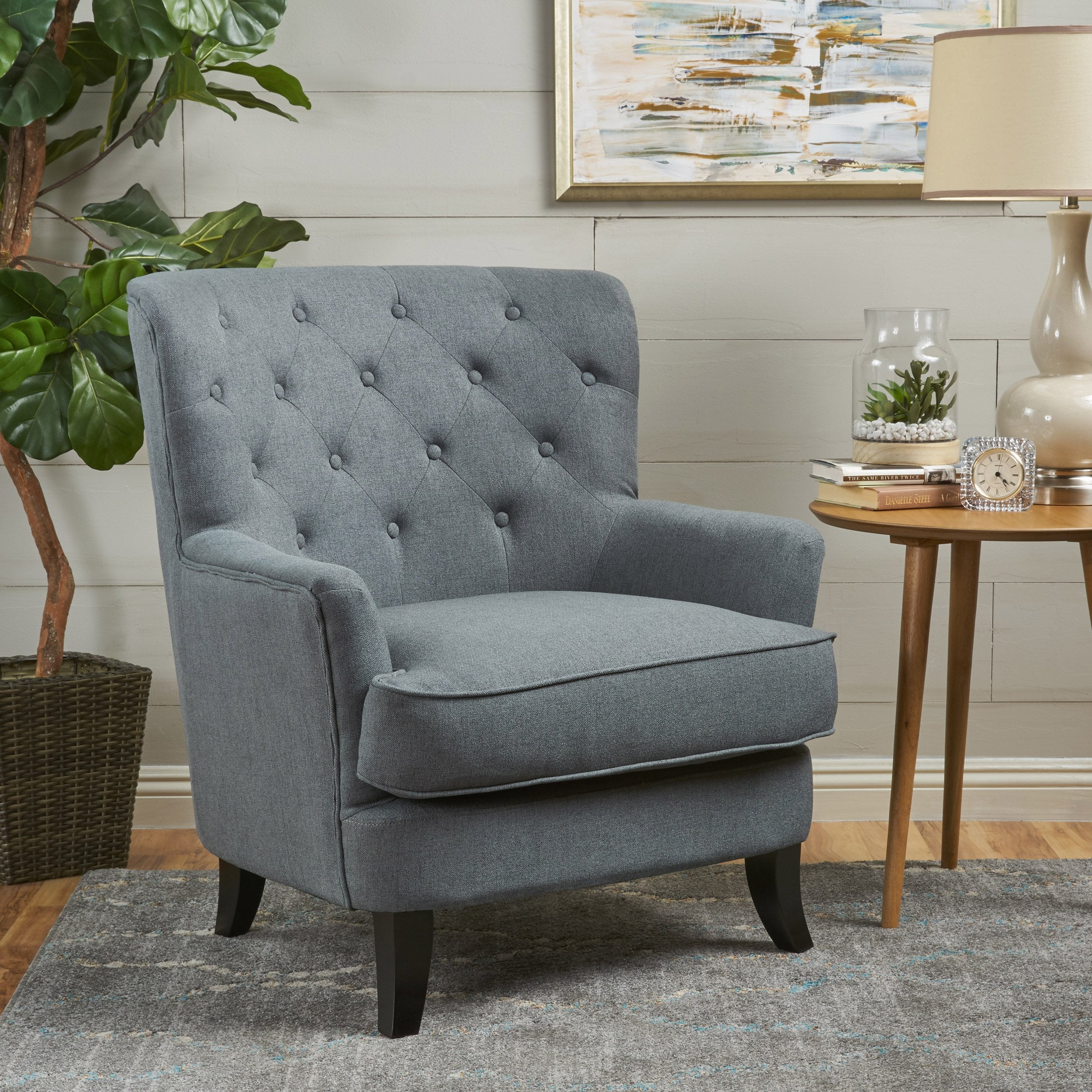 Annelia Contemporary Button Tufted Upholstered Fabric Club chair w/ Piped Edges