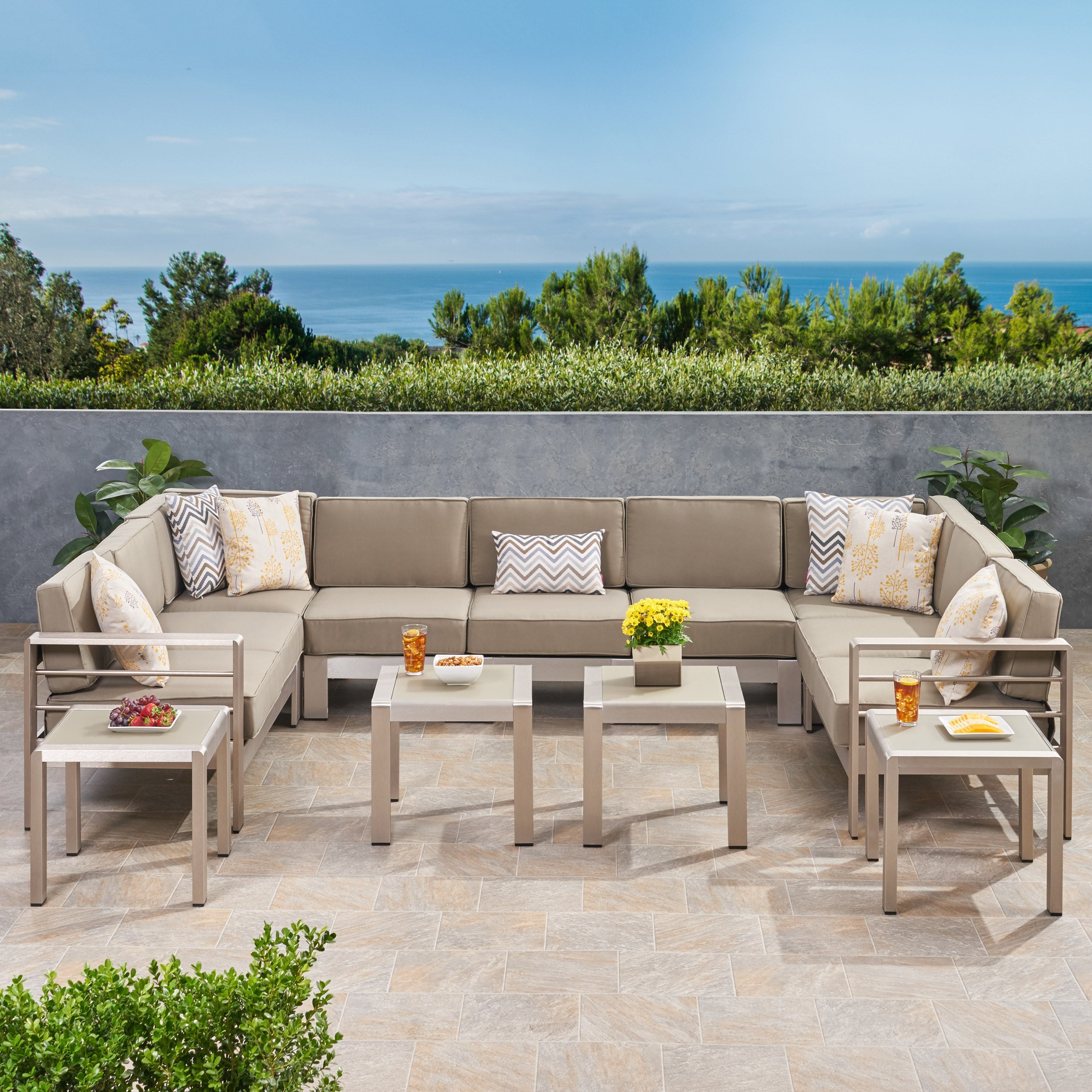 Cherie Outdoor 9 Seater Aluminum Sectional Sofa Set with Side Tables