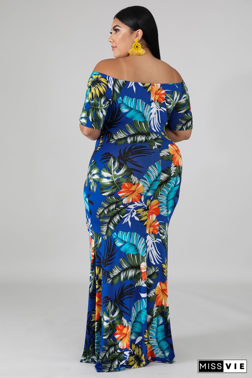 Green Off-the-shoulder Floral Print Plus Size Maxi Dress