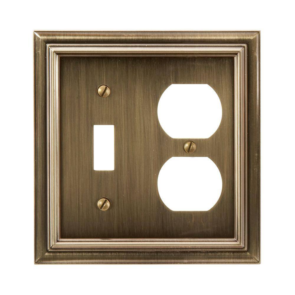 AMERELLE Continental 2 Gang 1-Toggle and 1-Duplex Metal Wall Plate - Brushed Brass 94TDBB