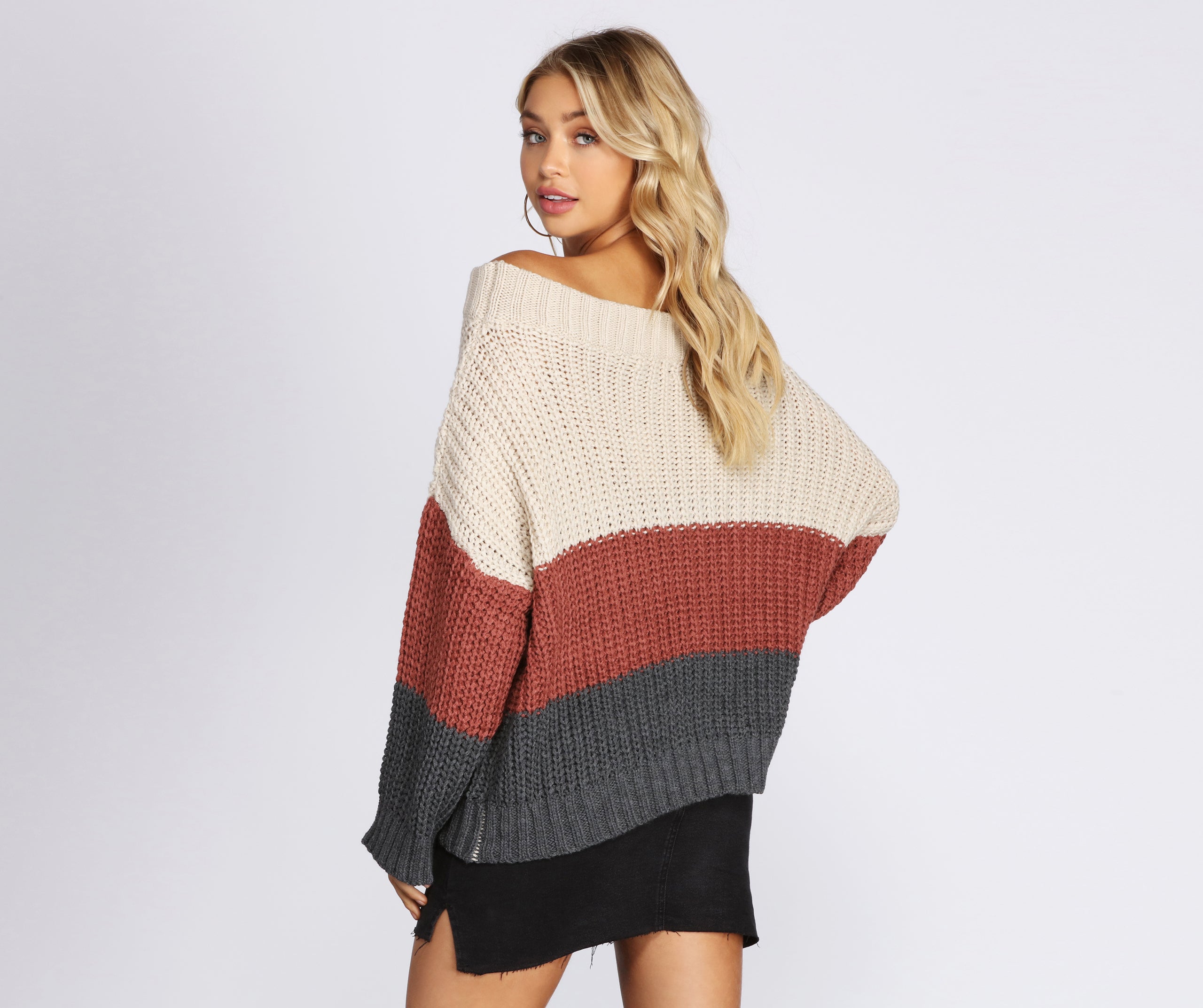 Cozy Colorblock Off The Shoulder Sweater