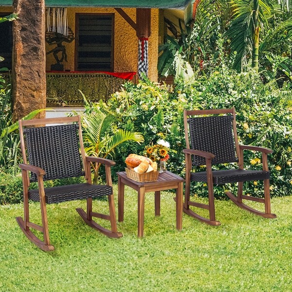 3 PCS Patio Rocking Chair Set Outdoor Wood Rocker with Side Table