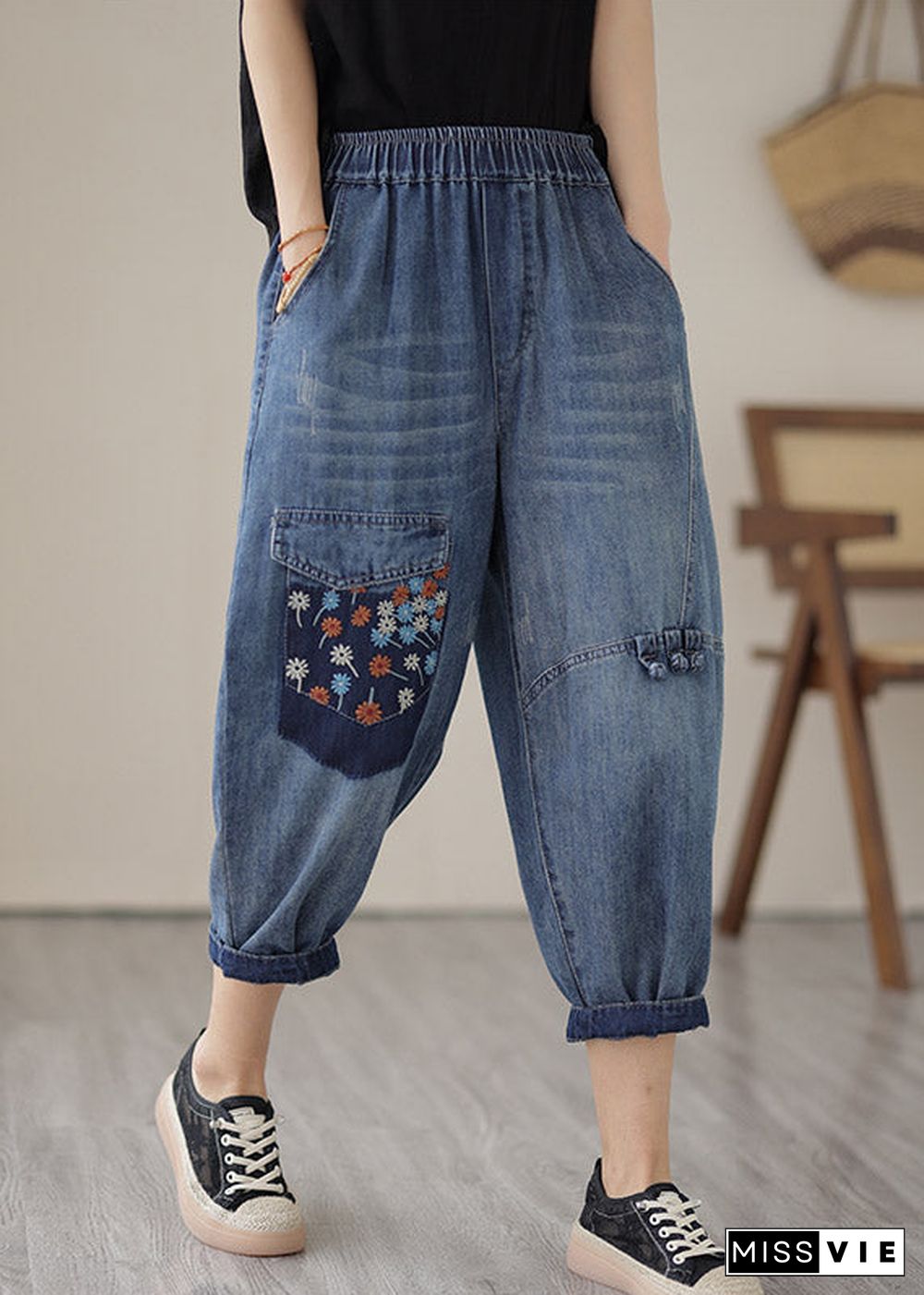 Unique Blue Elastic Waist Embroideried Patchwork Crop Pants Summer