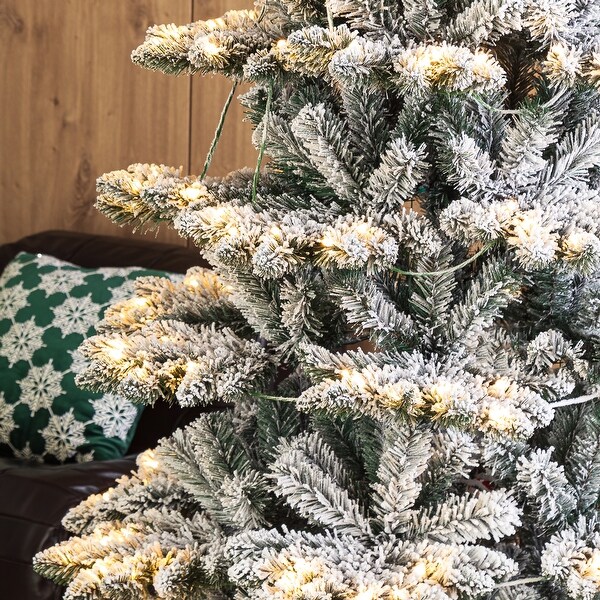 Glitzhome 7.5ft/9ft PreLit Flocked Slim Spruce Artificial Christmas Tree with Warm White Lights