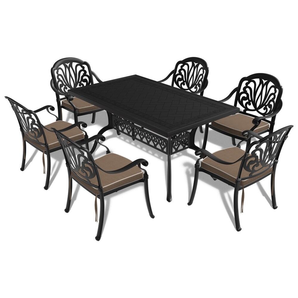 5/7 Piece Cast Aluminum Outdoor Dining Set with 59.06'' L X 35.43'' W Rectangular Table and Random Color Seat Cushions