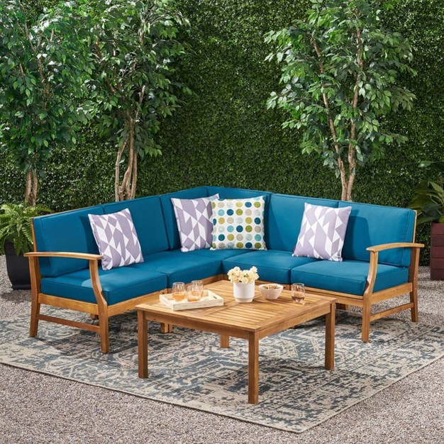 Perla 6pc Acacia Wood Patio Chat Set Blue Christopher Knight Home