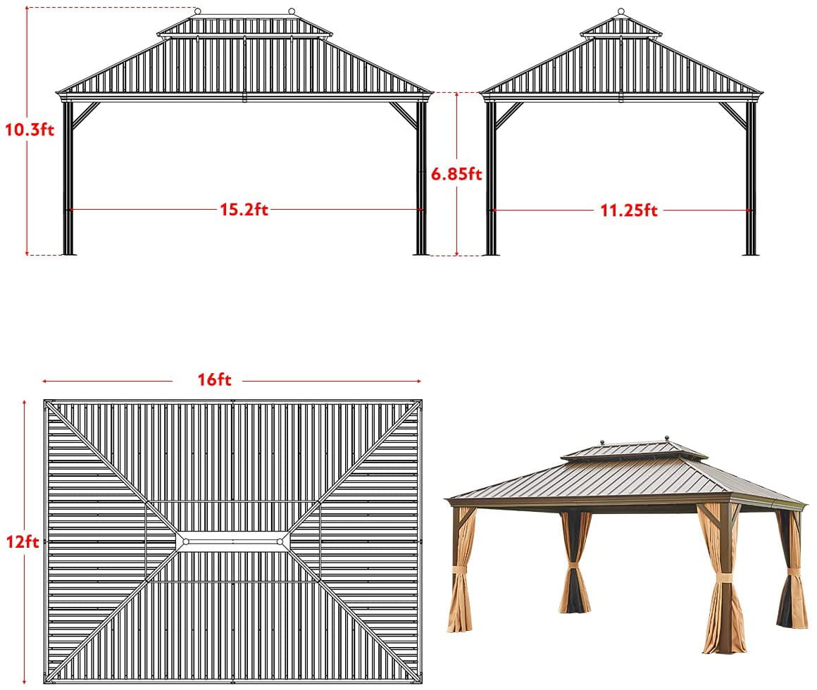 Mellcom 12' X 16' Hardtop Gazebo Galvanized Steel 12 ft Outdoor Double Roof Patio Gazebo with Aluminum Frame Brown