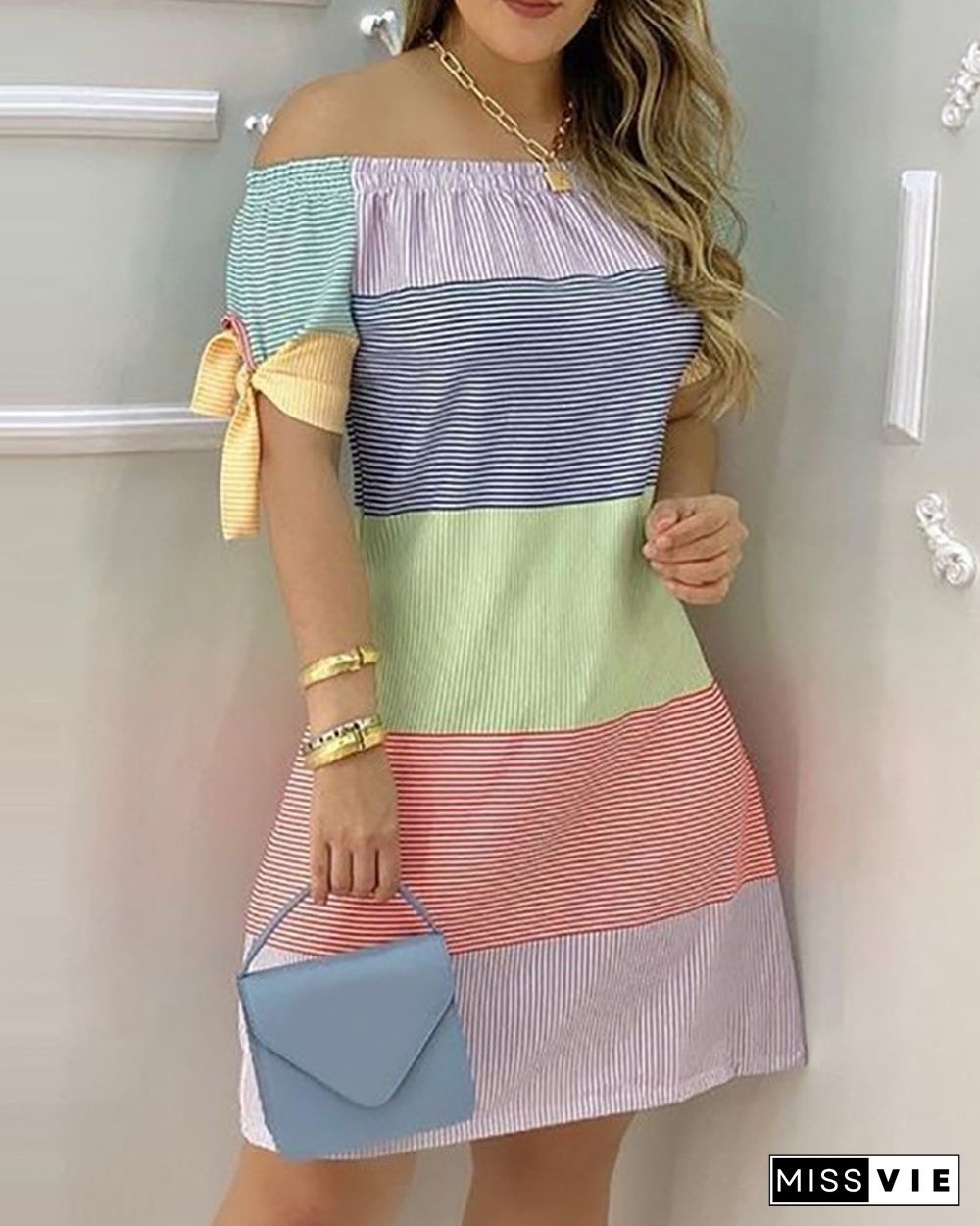 Sexy Female Casual Striped Off Shoulder Short Sleeve Mini DressFor Ladies Bow Tie Print A Line Party Short Dresses Vestidos