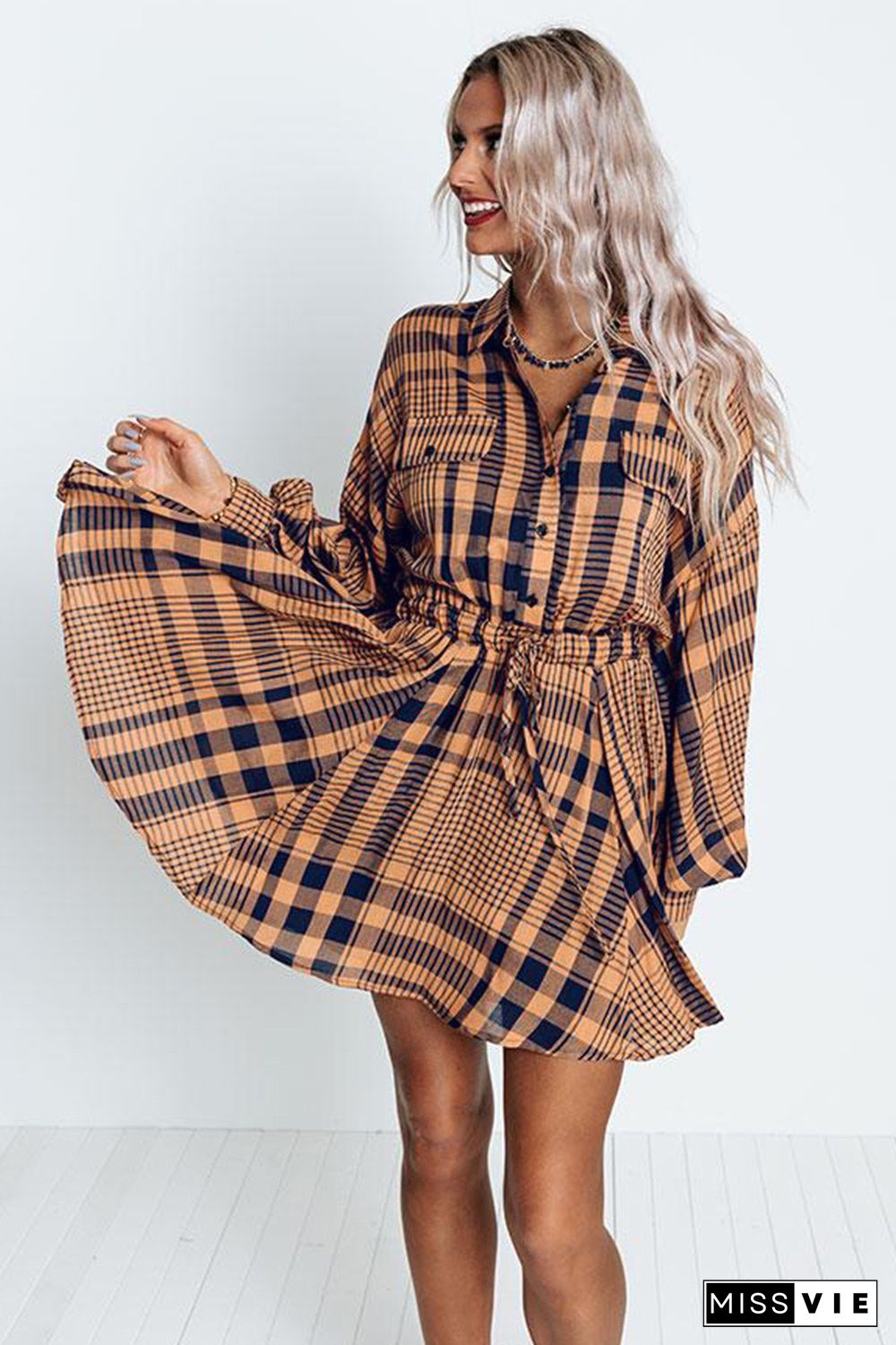 Orange Plaid Print Pocketed Drawstring High Waist Mini Dress