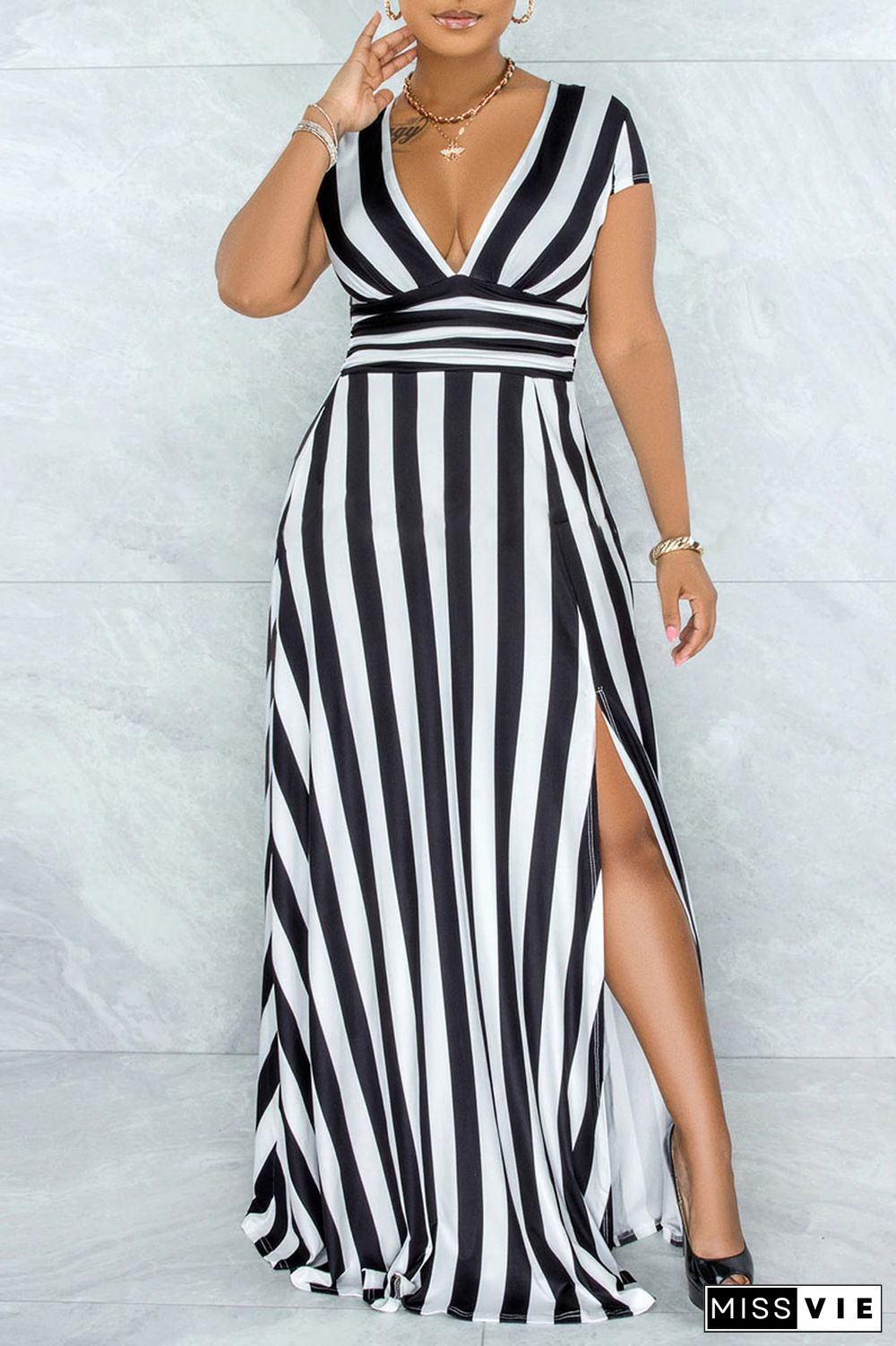 Black Sexy Striped Print Patchwork Slit V Neck A Line Dresses