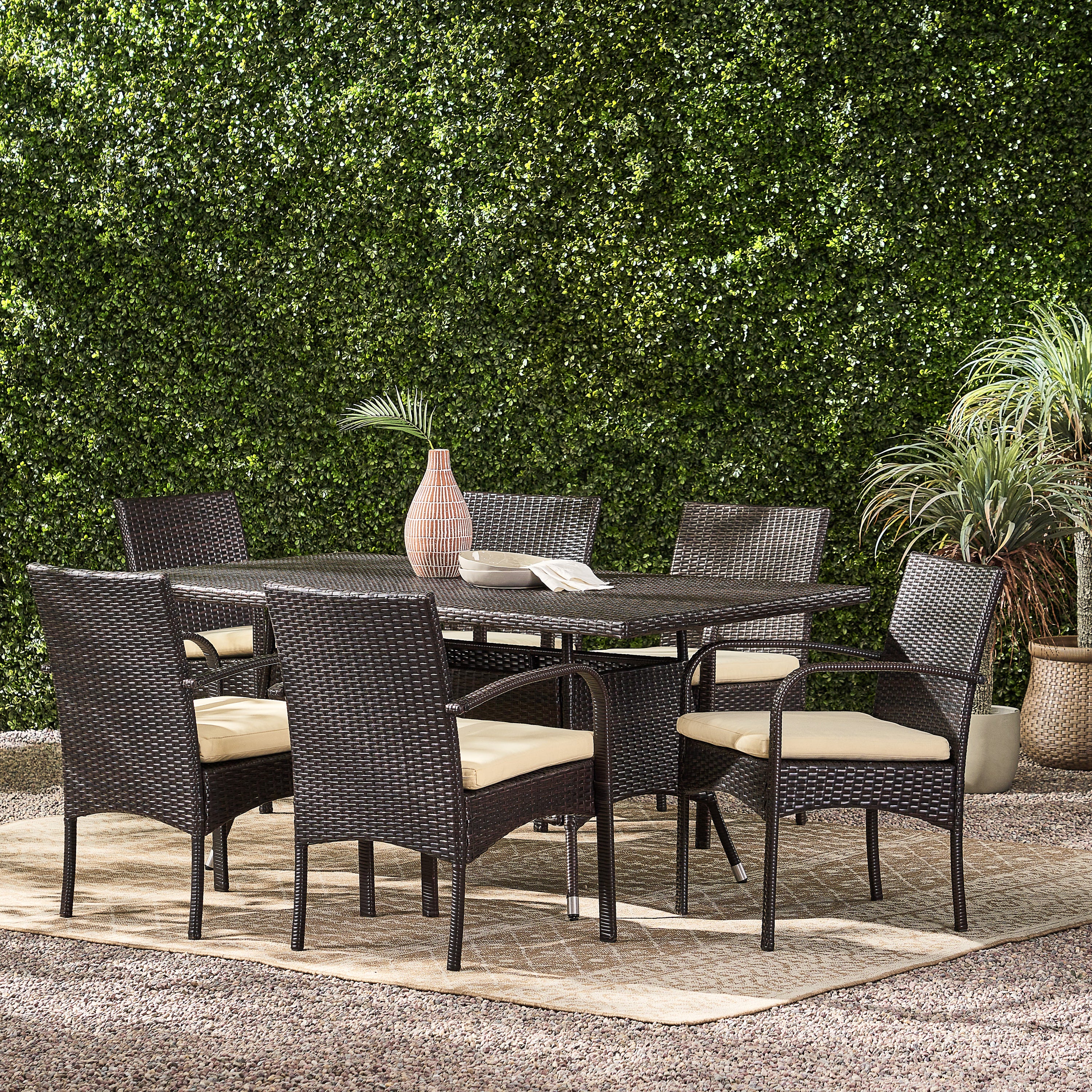 Carmela Outdoor 7pc Multibrown PE Wicker Long Dining Set