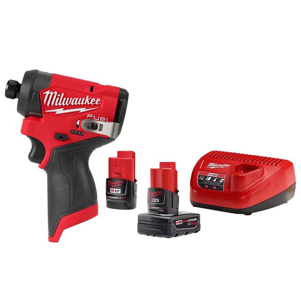 MW M12 FUEL 12V Lithium-Ion Brushless Cordless 14 in. Hex Impact Driver wOne 4.0 Ah and One 2.0 Ah Batteries and Charger 3453-20-48-59-2424