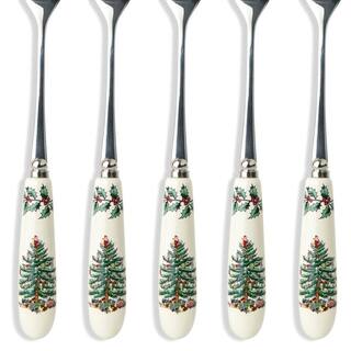 Spode Christmas Tree 6 in. 6-Piece Stainless Steel and White Ceramic Pastry Fork Flatware Sets 1502659