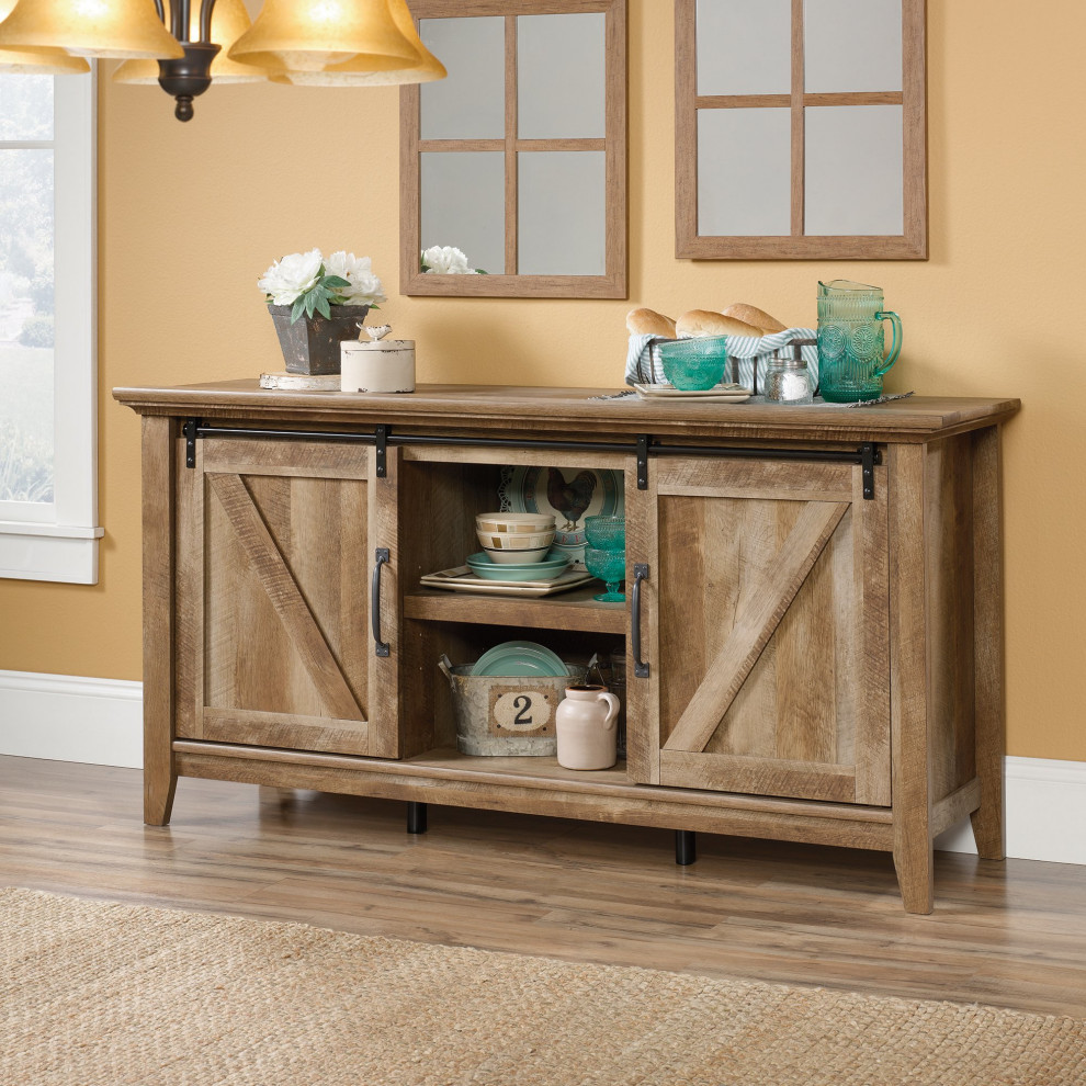 Rustic TV Console  Sliding Doors  3 Spacious Adjustable Shelves  Craftsman Oak   Farmhouse   Entertainment Centers And Tv Stands   by Declusia  Houzz