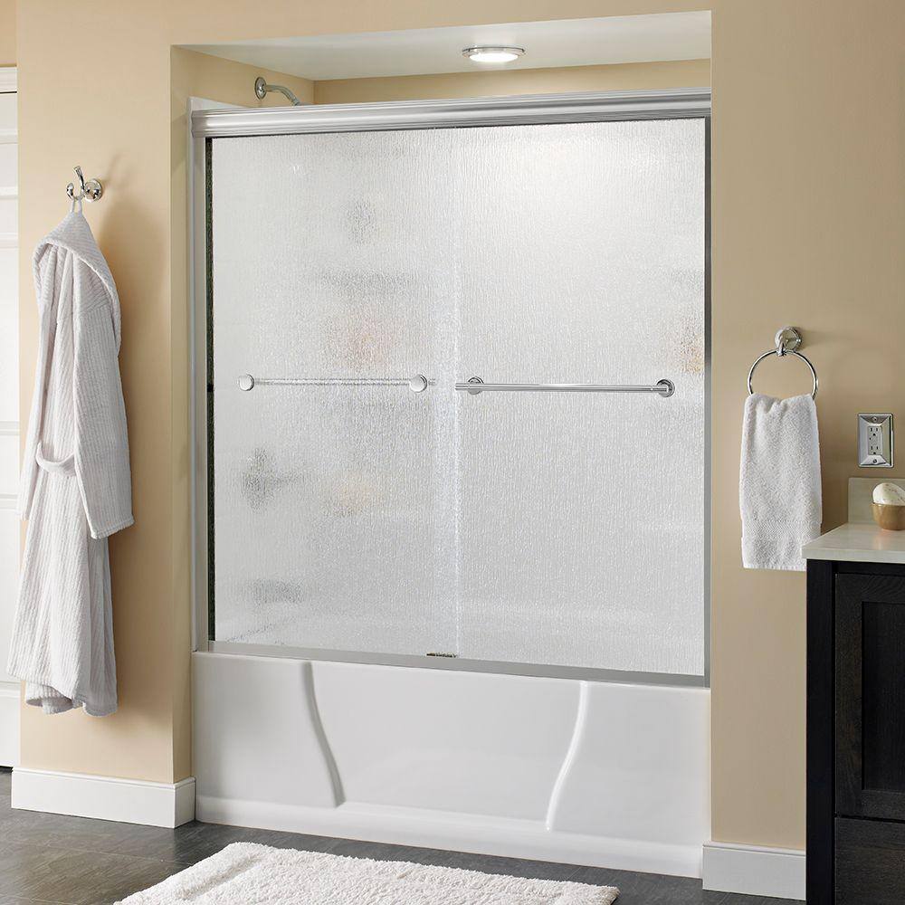 Delta Lyndall 60 in. x 58-18 in. Semi-Frameless Traditional Sliding Bathtub Door in Chrome with Rain Glass 158722