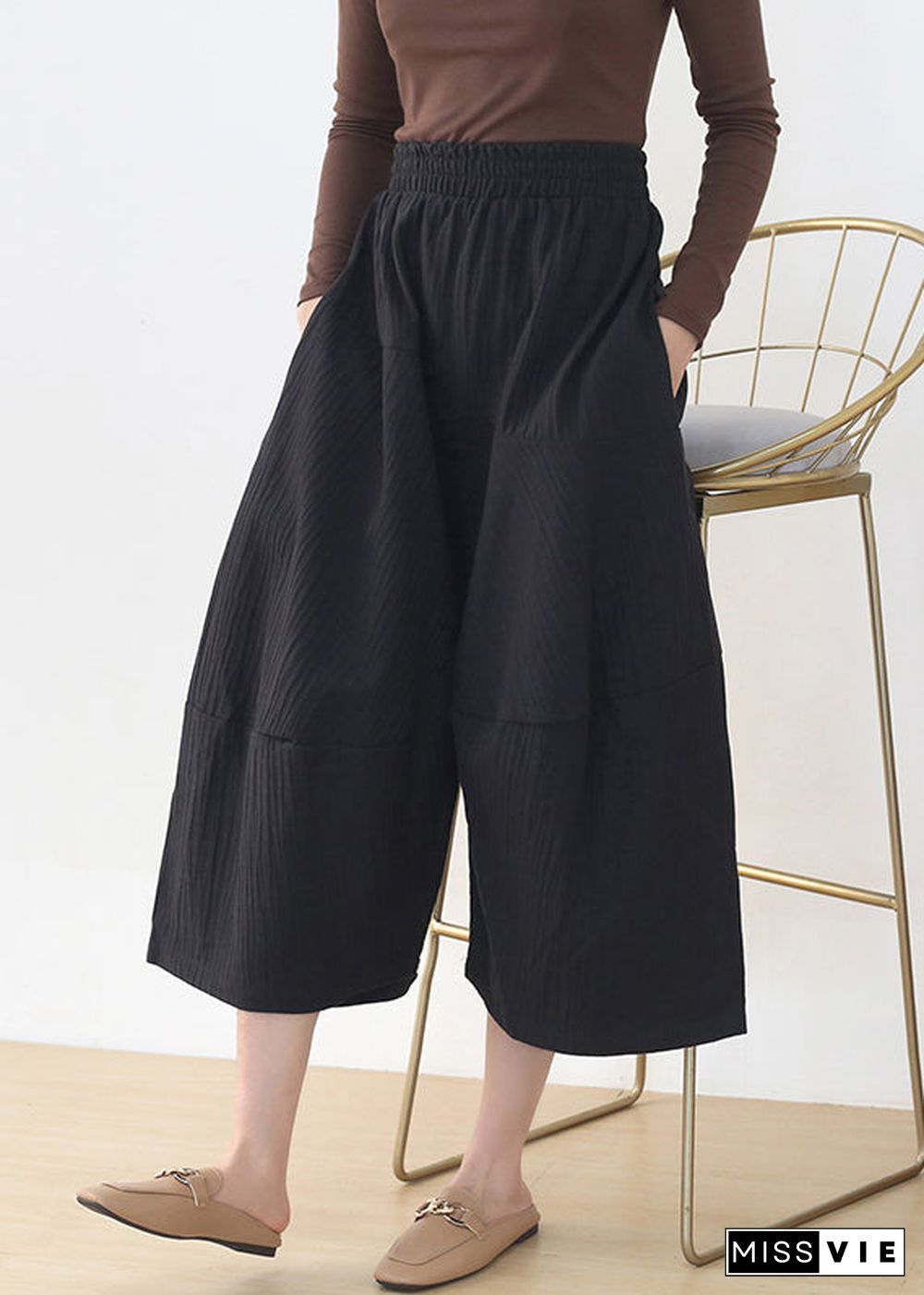 Casual Black Elastic Waist Pockets Linen Wide Leg Pants Fall