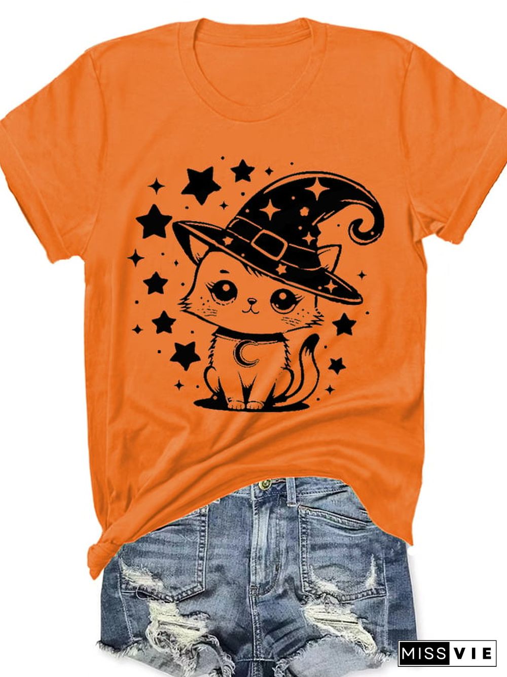 Women's Halloween Witch Hat Cat Print T-Shirt