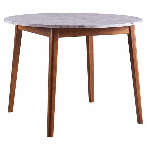 Wooden Round Dining Table with Faux Marble Top， White/Walnut