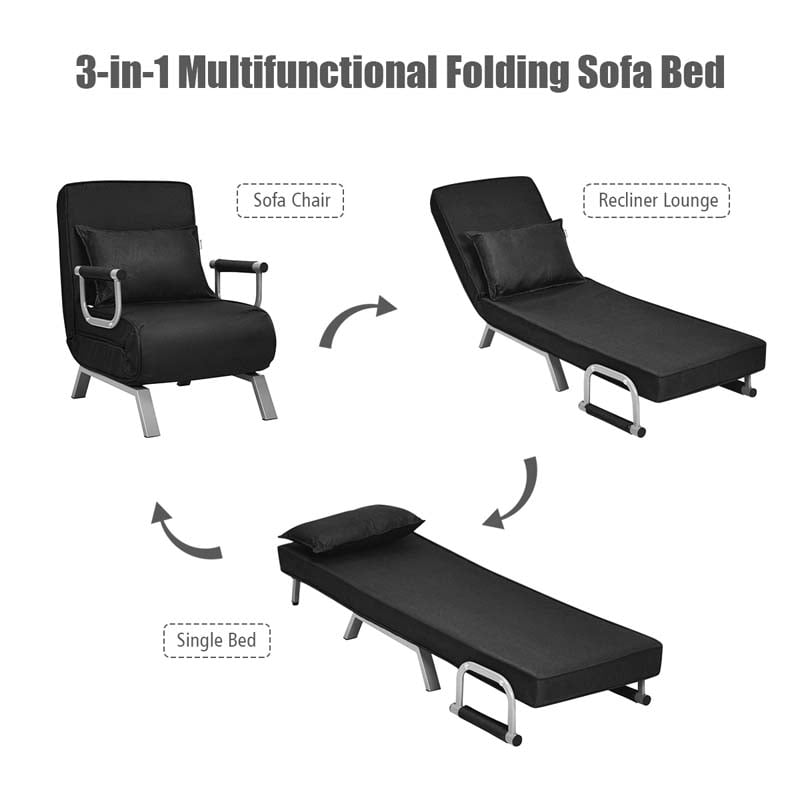 Folding Convertible Sofa Bed Sleeper Chair w/Pillow, 5-Position Armchair Chaise Lounge Couch