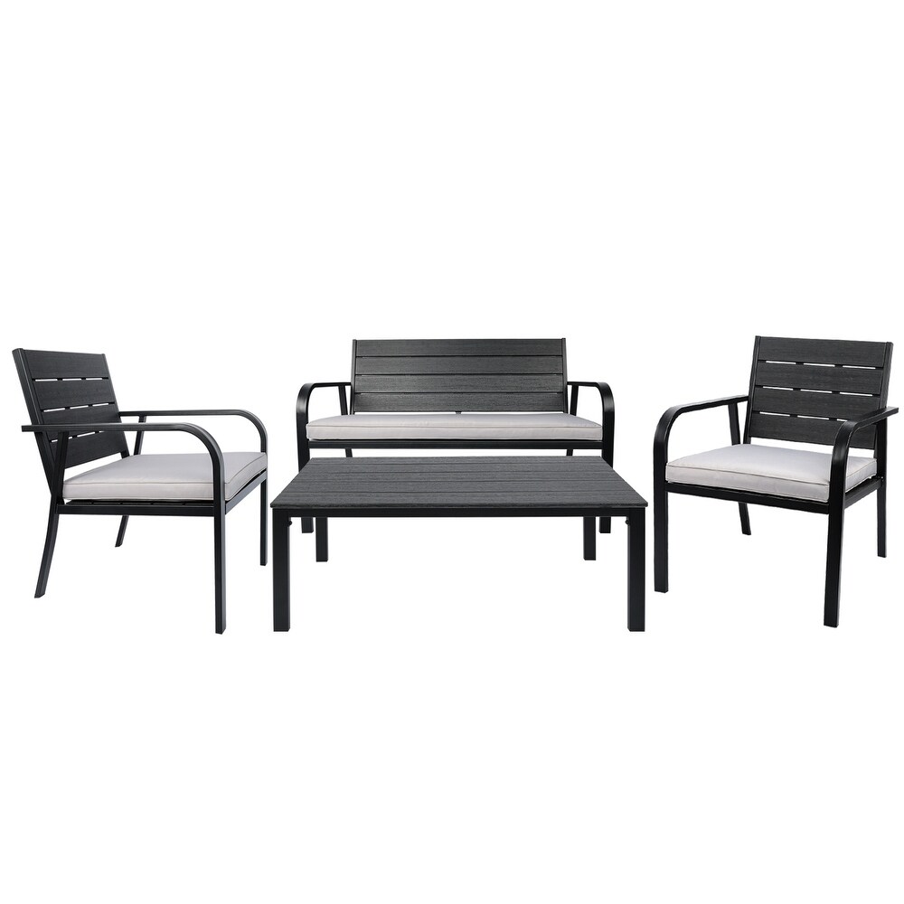 4 PCS Outdoor Patio Chairs Set with Coffee Table  Outdoor Furniture Set with High Density PE and Heavy duty Steel Frame